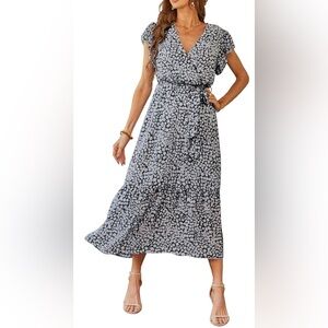 Floral V-Neck Midi Dress in Black and White